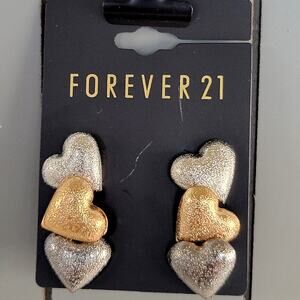 3 Pair Heart Stud Earring Silver Gold Gun Metal Tone Textured Forever21 Gift Bag